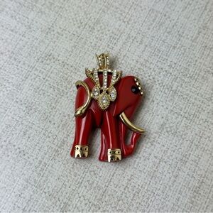 Red Lucite Gold Tone Elephant Pendant with Rhinestones